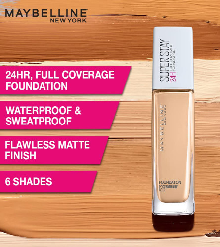 Maybelline New York Super Stay 24H Full Coverage Natural Liquid Foundation,  Warm Nude 128