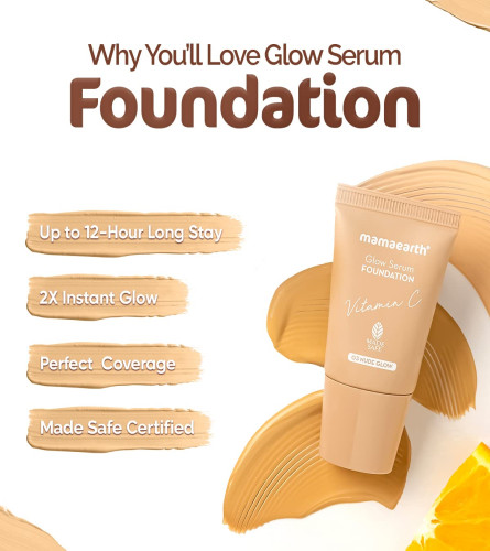 Mamaearth Glow Serum Foundation Mini Tube with Vitamin C & Turmeric for 12-Hour Long Stay- 18 ml - 02 Crème Glow 12-Hour Long Stay | 2X Instant Glow