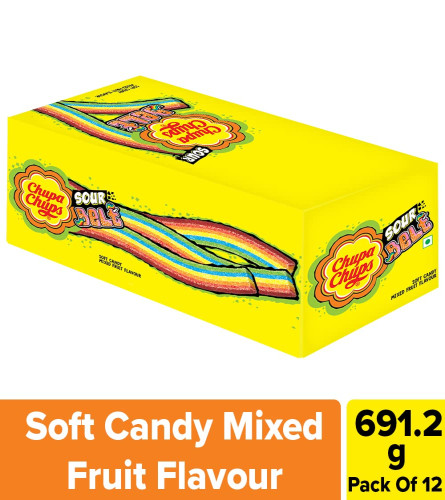 Chupa Chups, Sour Belt, Mixed Fruit Flavour, Soft & Chewy Toffee Pack, 691.2g- Pack of 12