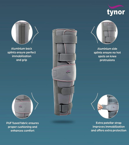 TYNOR Knee Immobiliser 19"/48cm, Grey, Medium. Free Shipping