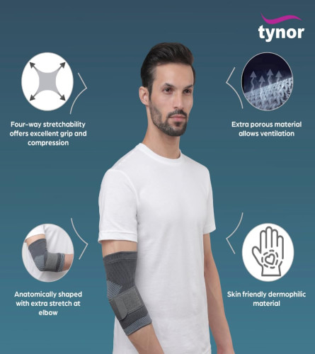 Tynor Elbow Support, Grey, Medium,(Cotton & Nylon). Free Shipping