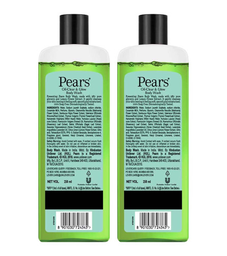 Pears Oil Clear & Glow Shower Gel, With 98% Glycerine, 100% Soap Free, Paraben Free, 250 ml x 2 pack