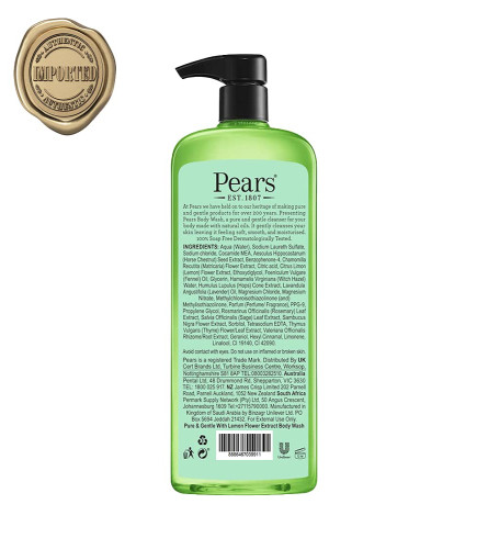 Pears Pure & Gentle Lemon Flower Extract Body Wash With Glycerin, Dermatogically Tested,,750 ml
