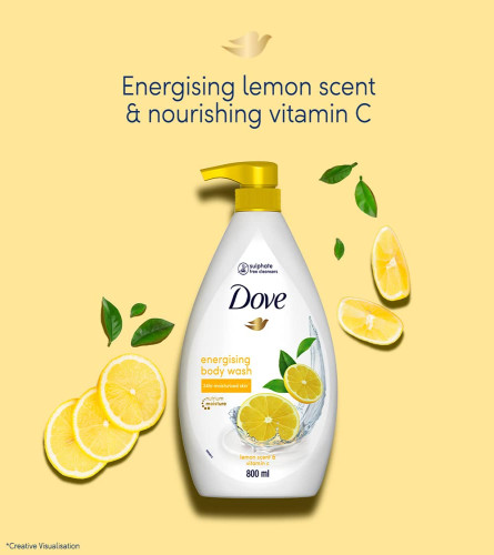 Dove Energising Body wash with energising lemon scent and nourishing Vitamin C, 100% gentle cleansers, paraben free/sulphate free cleansers, 100% plant- based moisturisers, 800ml