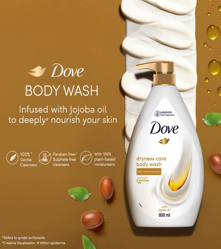 Dove Dryness Care Bodywash infused with Jojoba Oil to deeply nourish your skin, 100% gentle cleansers, paraben free/sulphate free cleansers, 100% plant- based moisturisers, 800ml ( Free Shipping )