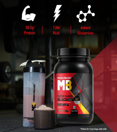MuscleBlaze Super Gainer Black with Enhanced Gaining Formula™- Appetite, Digestion & Testo Blend for Muscle Mass Gain (Chocolate, 1 kg / 2.2 lb) with Extreme Shaker, Red, 700 ml ( Free Shipping )