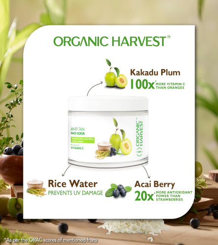 Exfoliante facial antibronceado Organic Harvest: bayas de acai y agua de arroz