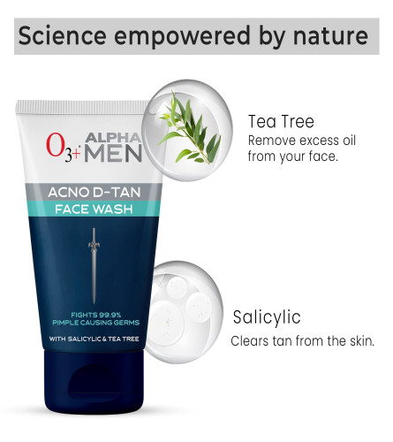 O3+ ALPHA MEN Acno D-TAN lavado facial con árbol de té para pieles grasas | 100 g (paquete de 2) envío gratis