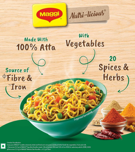MAGGI Nutri-Licious Veg Atta Masala Noodles, Instant Noodles With 20 Spices & Herbs, Source Of Fibre & Iron, Atta Noodles With Appetizing Aroma & Delicious Taste, 435 Grams ( Free Shipping )