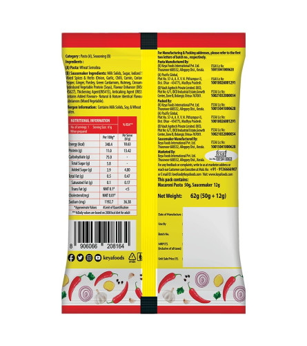 KEYA Macaroni Masala Pasta with Masala Saucemaker Sachet Inside 62g, Pack 5 ( Free Shipping )