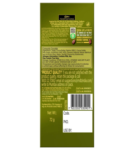 Cadbury Temptations Rum & Raisins Premium Chocolate Bar, 72 g ( Free Shipping )