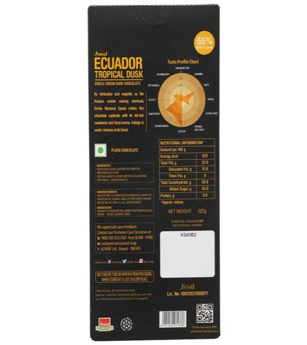 Amul Single Origin 55% Dark Chocolate Bar, Ecuador Tropical Dusk, 125g ( Free Shipping )