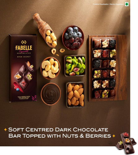 Fabelle Open Secret - Dark, Centre- Filled Luxury Chocolate Bar with Dark Choco Mousse and Visible Nuts & Berries, 125g ( Free Shipping )