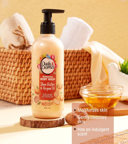 Buds & Berries Shea Butter and Argan Oil Body Wash for Nourishing Hydration for Soft, Smooth, and Clear Skin | No Soap, No Paraben, No Phthalate Shower Gel (300 ml) (Free Shipping)