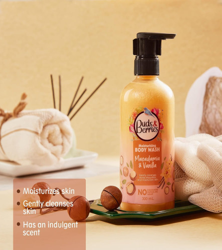Buds & Berries Macadamia And Vanilla Extracts, Moisturizing Body Wash for Soft, Smooth & Clear Skin | No Soap, No Paraben, No Phthalate Shower Gel (300 ml) (Free Shipping)