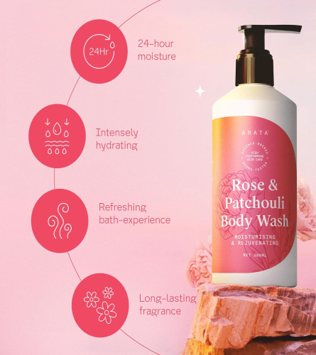 ARATA Deep Moisturising Body Wash For Dry, Flaky & Normal Skin | With Rose & Patchouli | Long lasting fragrance | Intense Hydration, Freshness and Deep Cleansing | For Men & Women | 300ML (Free Shipping)