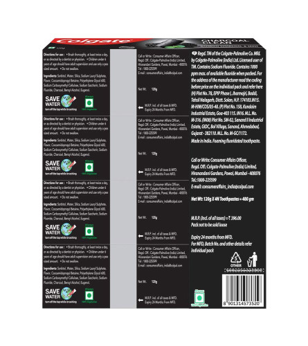 Colgate Charcoal Clean Black Gel Toothpaste, Pack of 480g (120g X 4) Deep Clean Toothpaste With Bamboo Charcoal & Wintergreen Mint For Plaque Removal & Tingling Fresh Mouth Experience