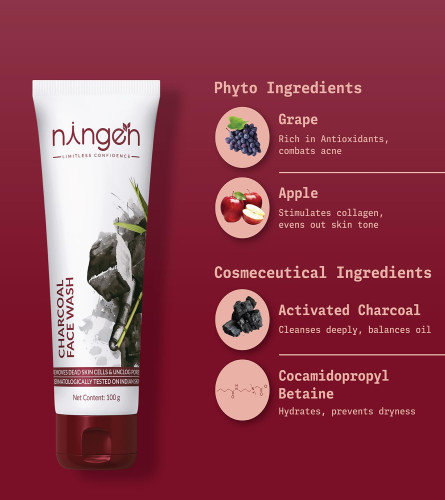 Ningen Charcoal Face Wash Brightening and Glowing Skin 100 gm x 2 pack - free shipping