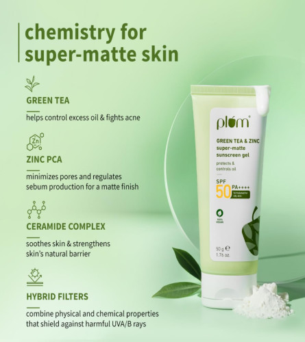 Plum Green Tea & Zinc Super-Matte Gel Sunscreen SPF 50 PA ++++ 50 g (Pack of 2)