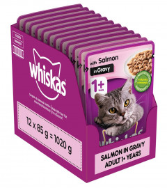 Whiskas Adult Wet Cat Food (1+Years), Salmon in Gravy Flavour, 12 Pouches (Free Shipping Worldwide)