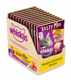 Whiskas Tasty Mix Adult Wet Cat Food , Real Fish, Chicken With Tuna And Carrot in gravy, 12 x 70g