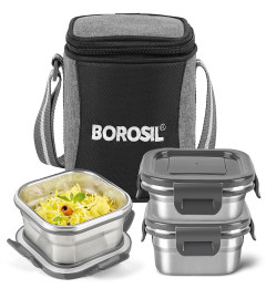 Borosil Feast Stainless Steel Lunch Box Set of 3 (400 ml,400 ml , 250 ml)